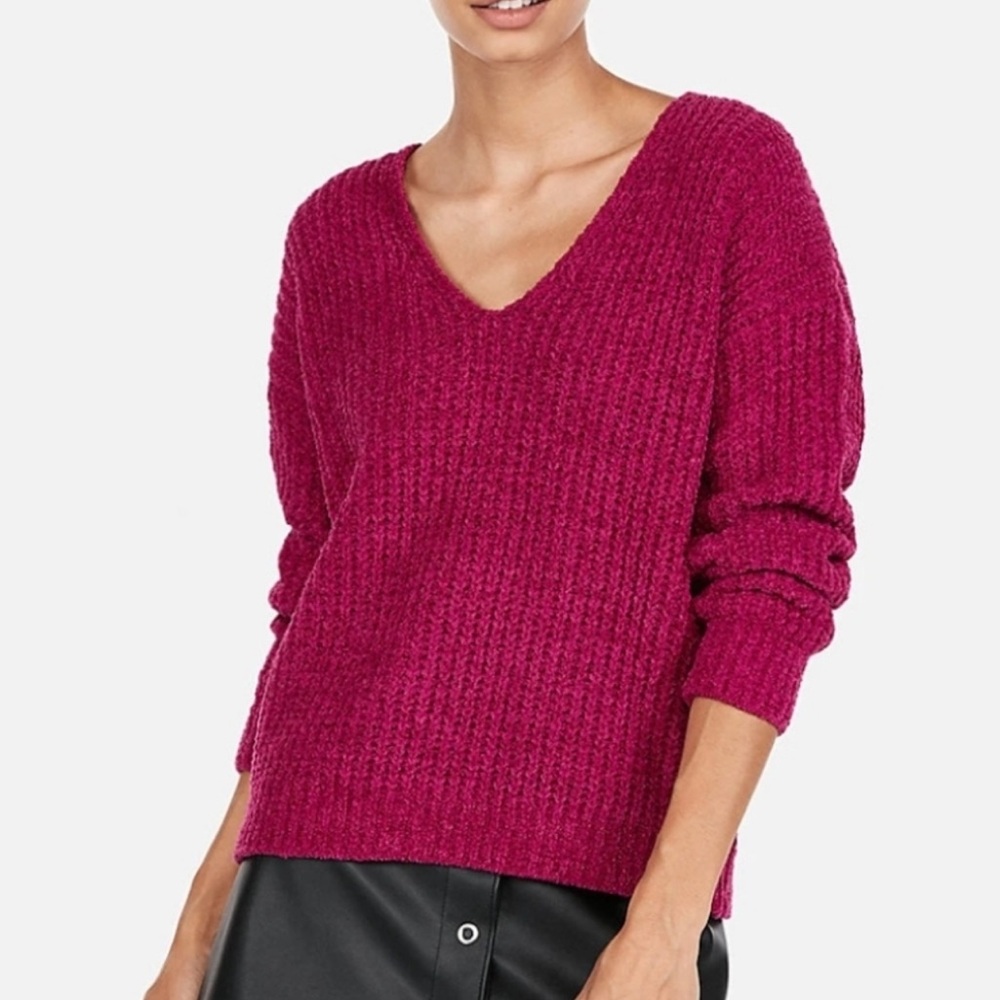 Express Berry Cozy Chenille V-Neck Sweater
